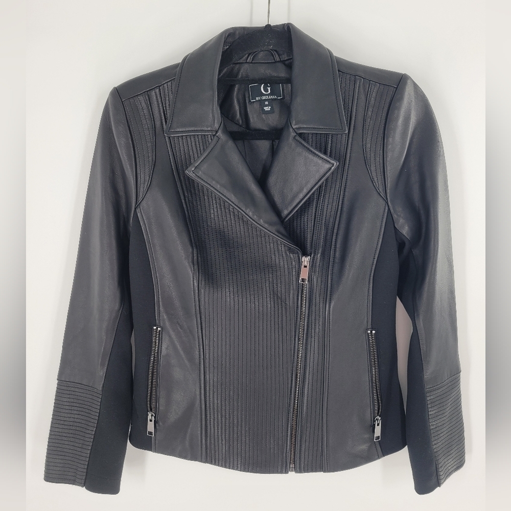 G by Giuliana Womens Leather Moto Jacket Black Ribbed Paneled Size XS